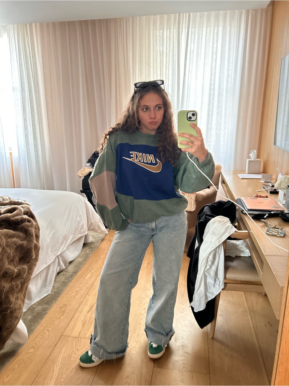 One of a kind reworked patched Nike green & blue crewneck